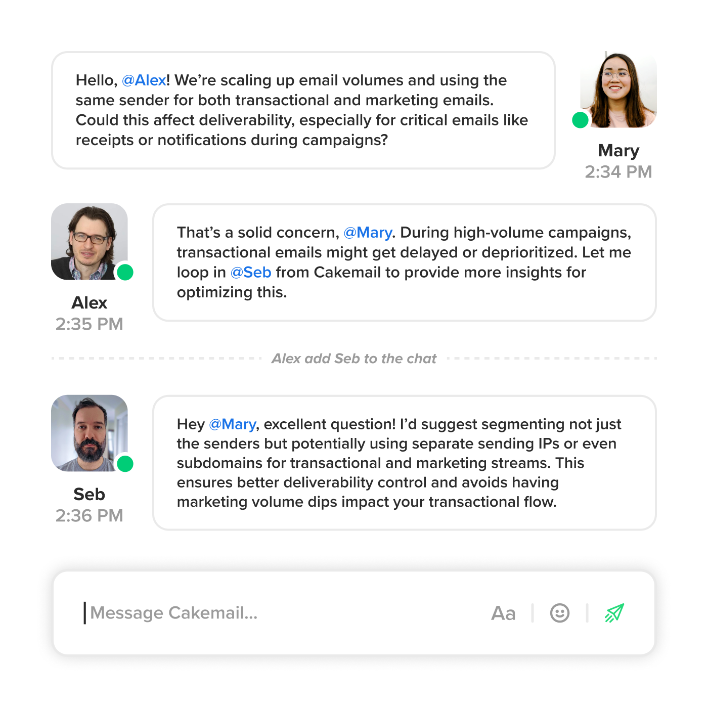 Une conversation de soutien avec l’équipe Cakemail.
