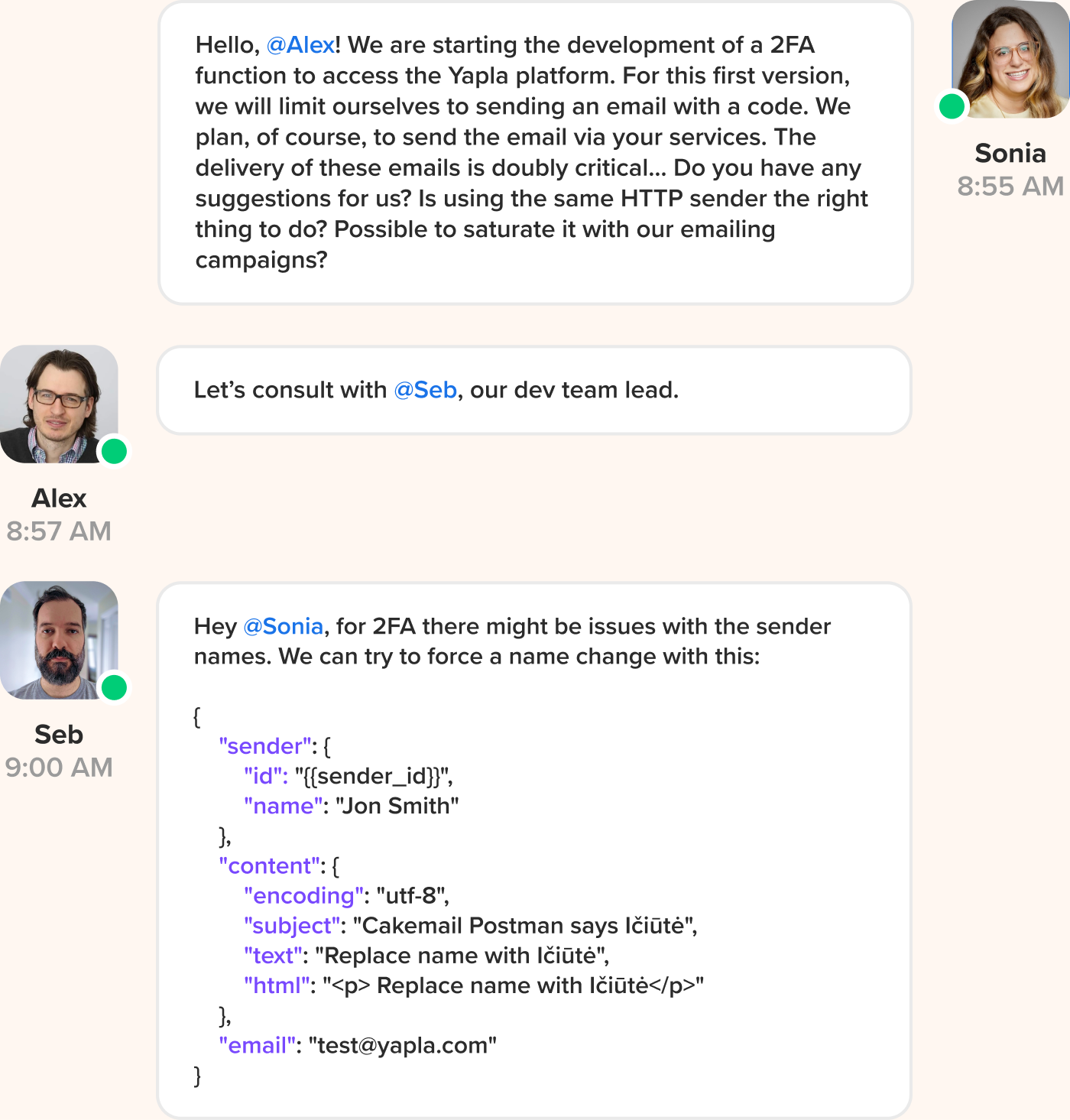Des développeurs de Yapla et de Cakemail travaillant ensemble dans une conversation.