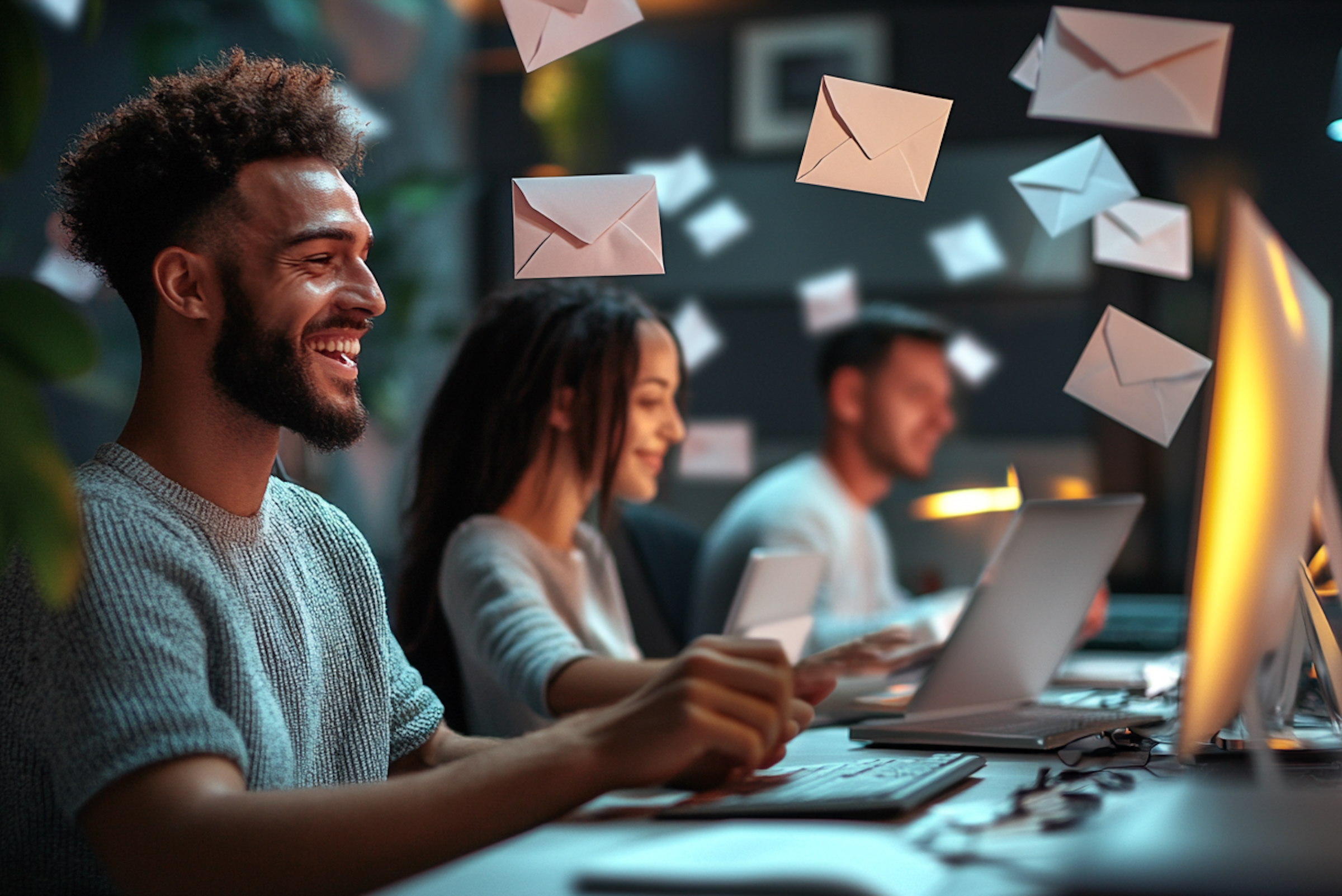 Programmeur souriant devant des ordinateurs avec des enveloppes