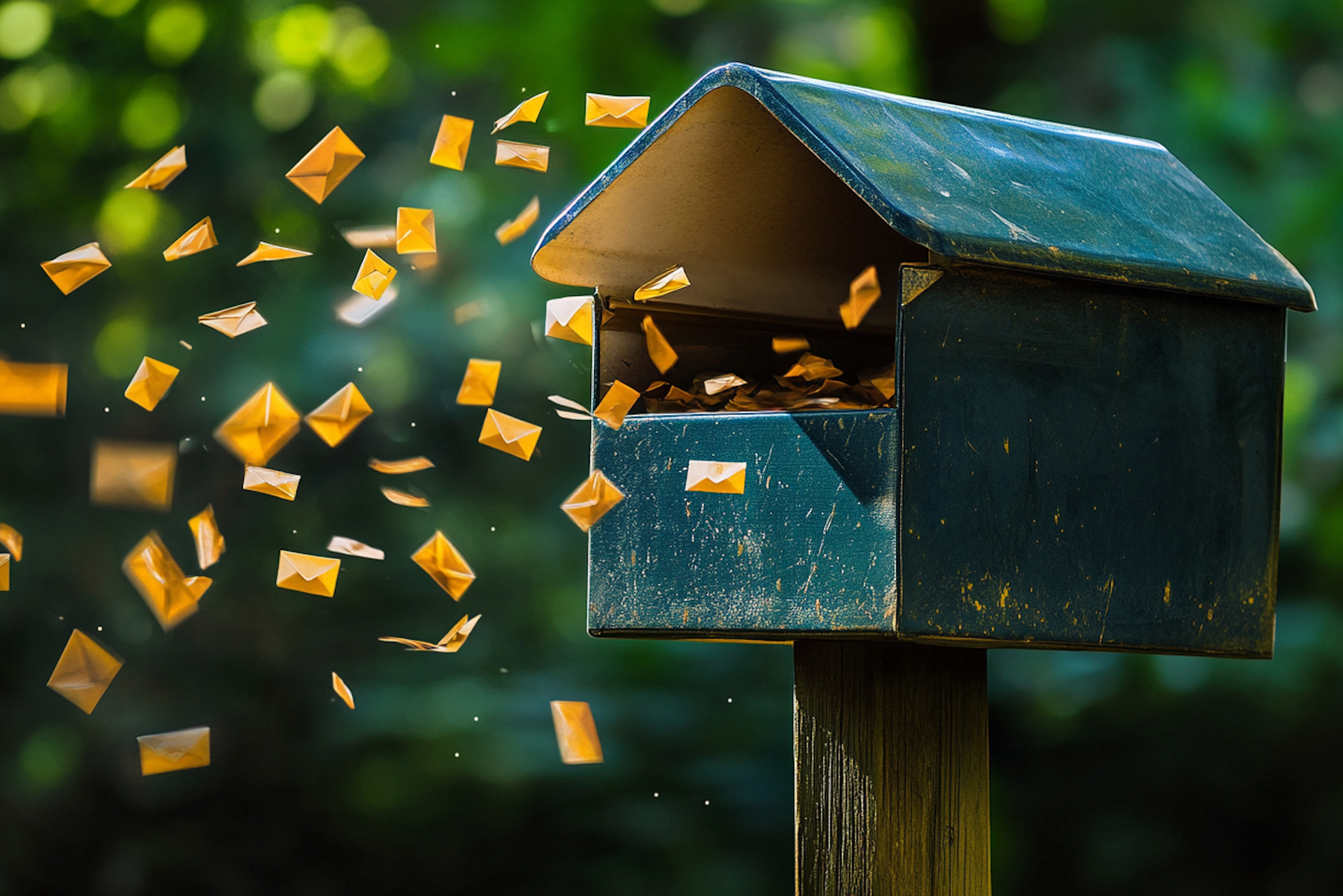 Vieille boîte aux lettres avec des mini enveloppes qui volent autour d'elle