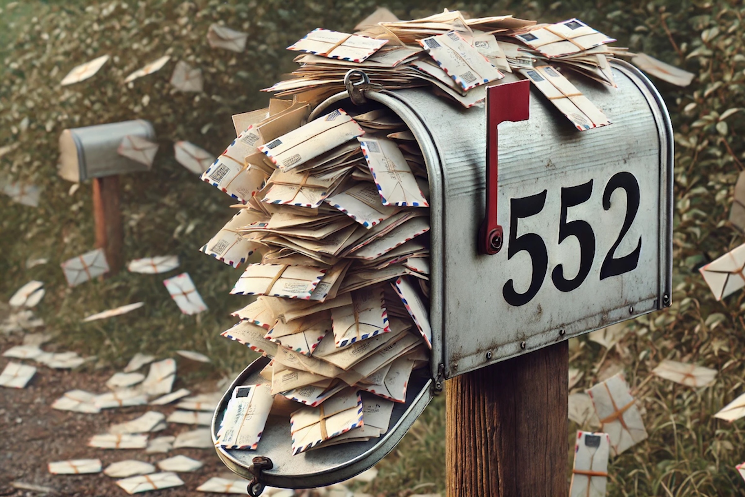 Ancienne boîte aux lettres avec l'adresse 552 pleine de lettres qui ne peuvent plus entrer