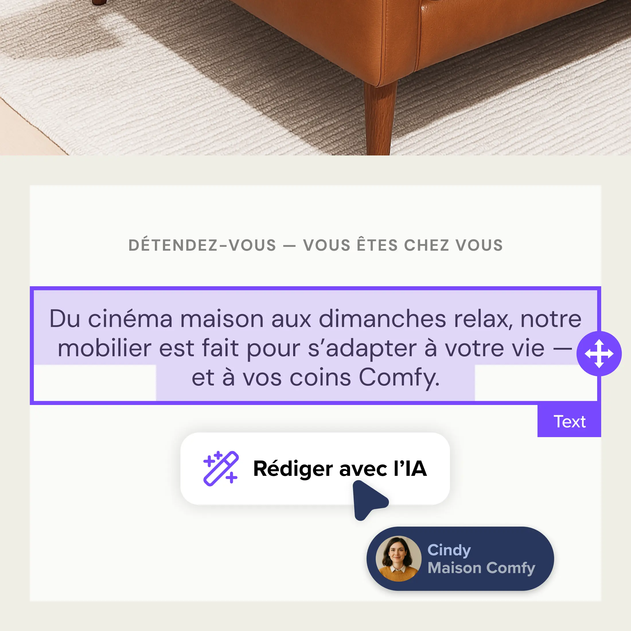 L’éditeur de Cakemail en train de composer un courriel de marketing, avec l’action Rédiger avec l’IA dans la barre d’outils.