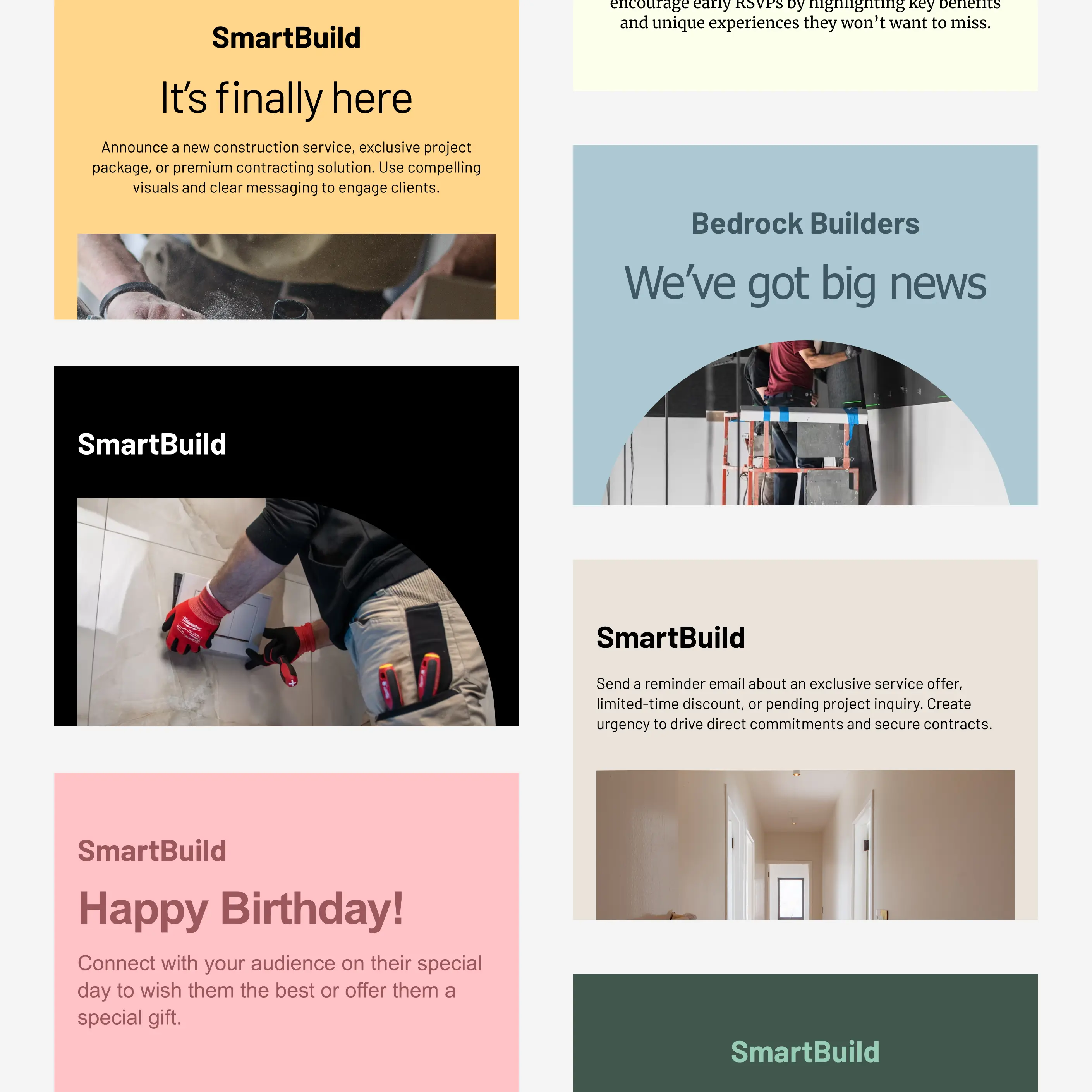 Une grille de gabarits de courriels Cakemail pour entrepreneurs.