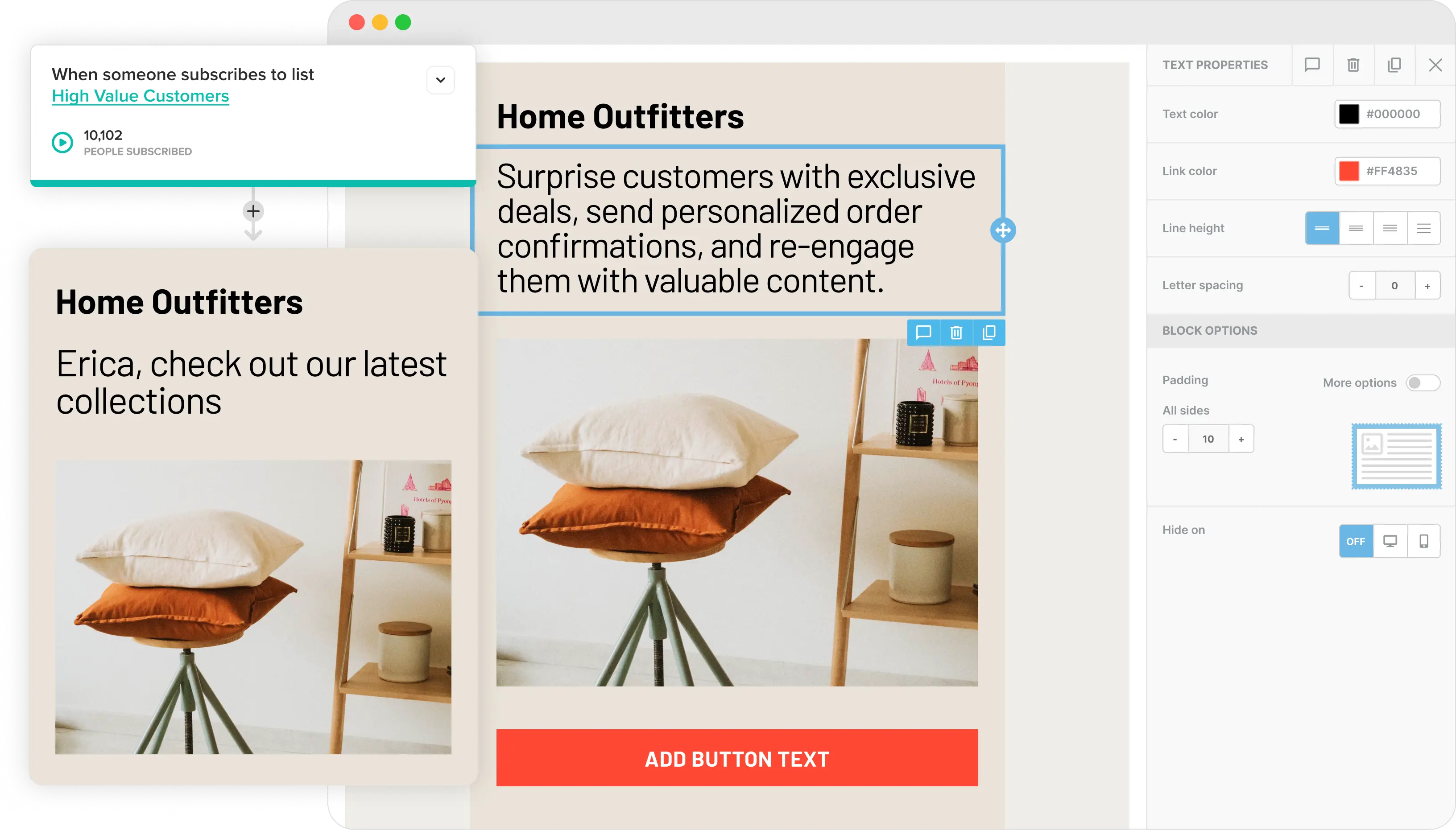 L’éditeur de courriels de Cakemail, avec un courriel pour le commerce électronique ouvert.