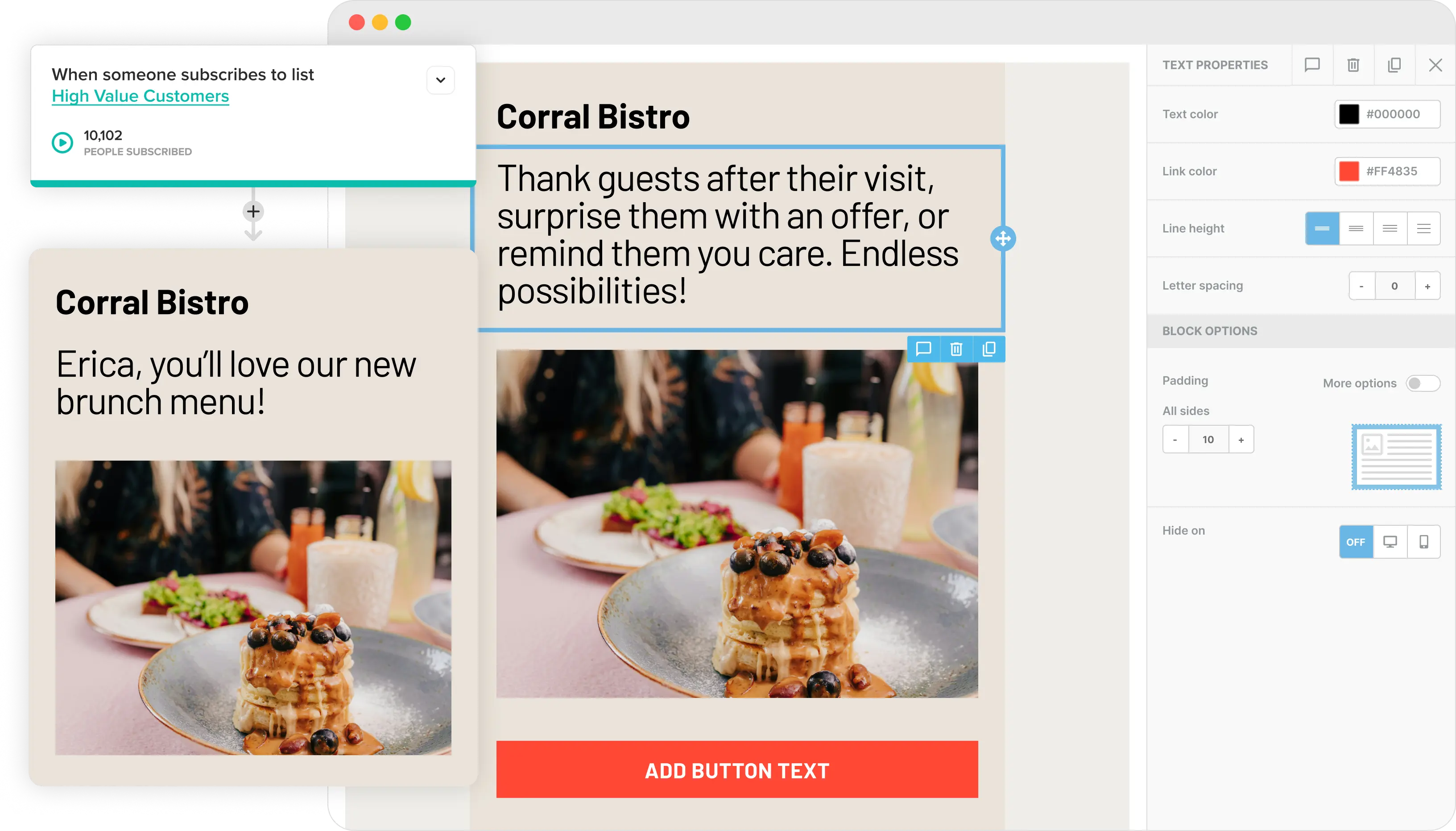 L’éditeur de courriels de Cakemail, avec un courriel pour les restaurants ouvert.