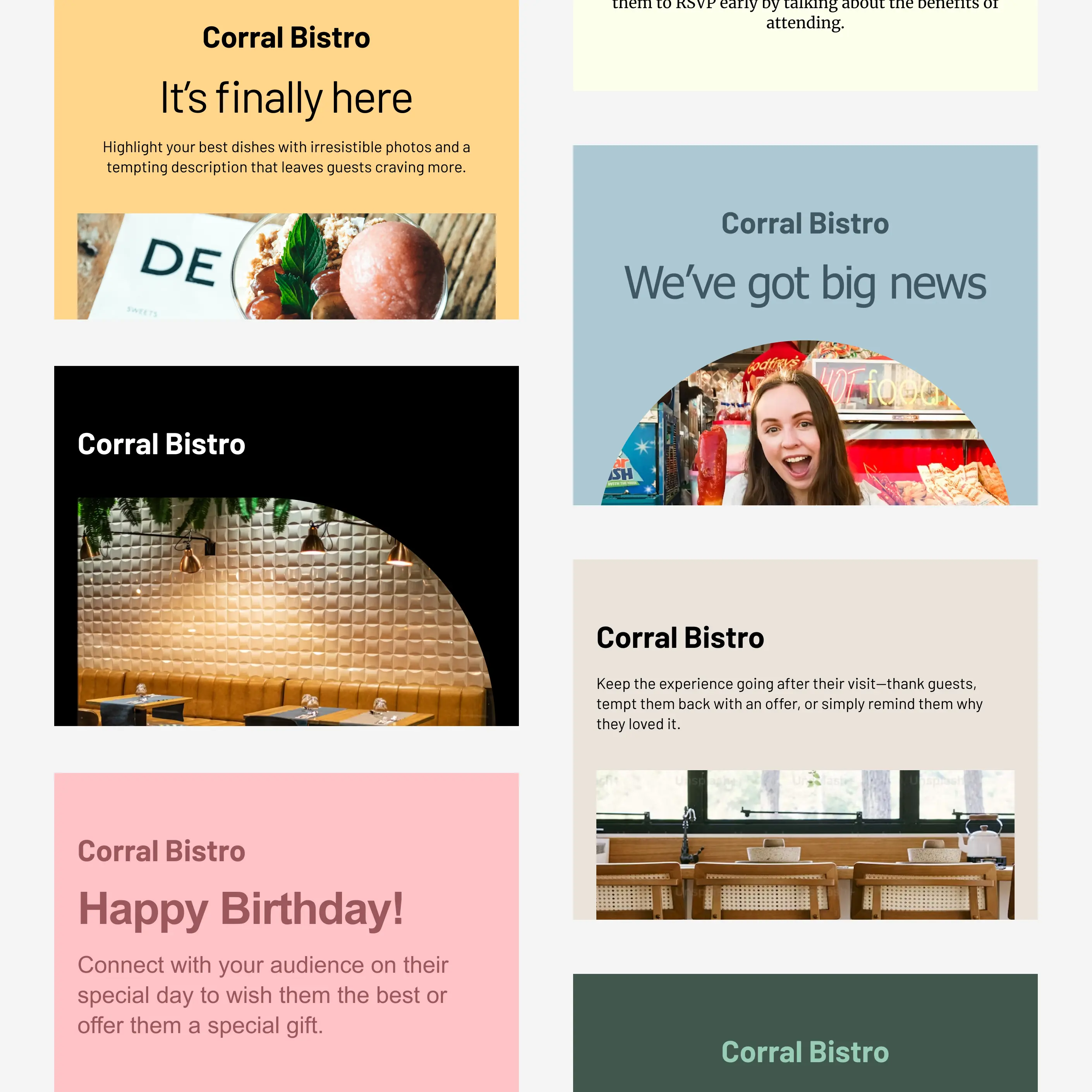 Une grille de gabarits de courriels Cakemail pour les restaurants.
