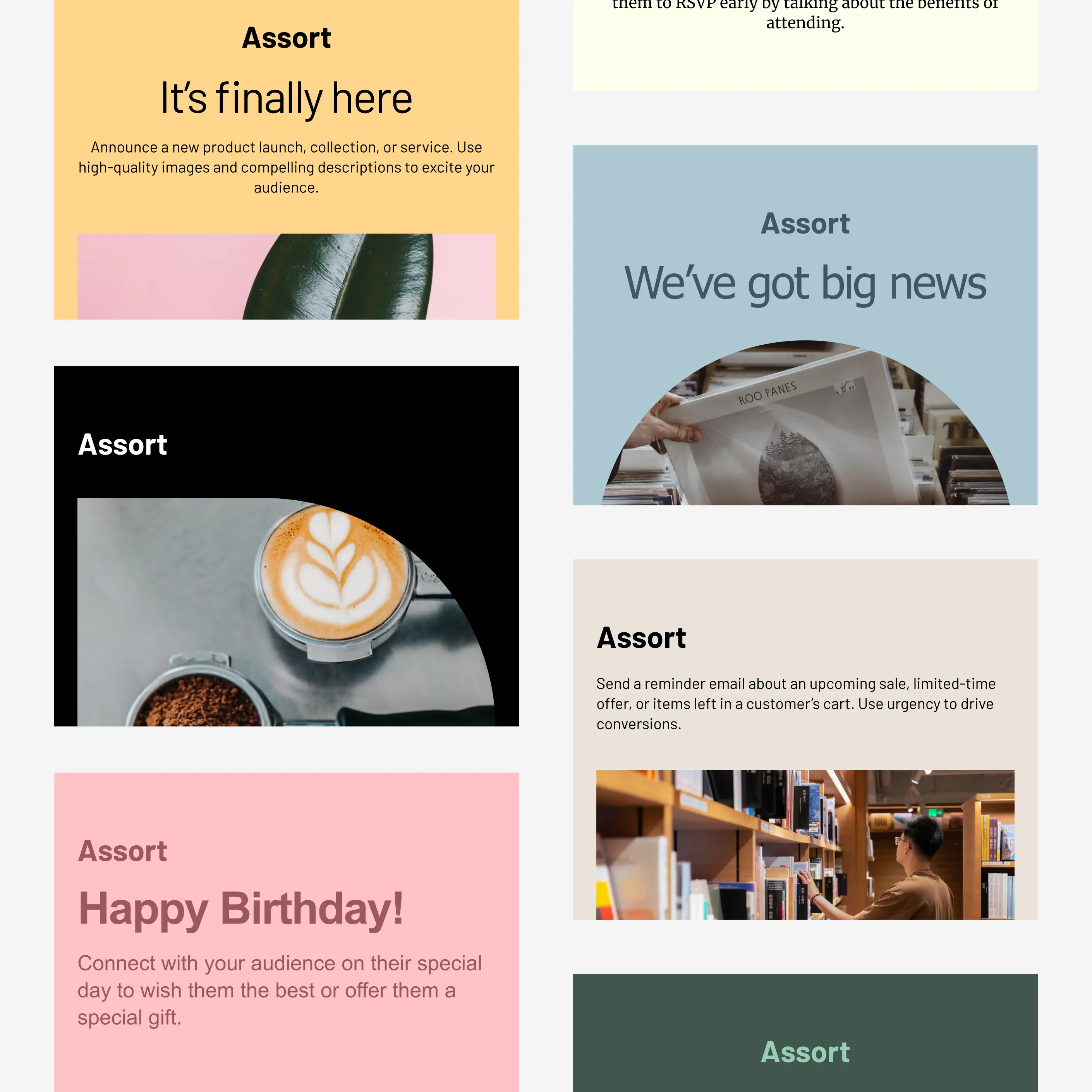 Une grille de gabarits de courriels Cakemail pour le commerce de détail.