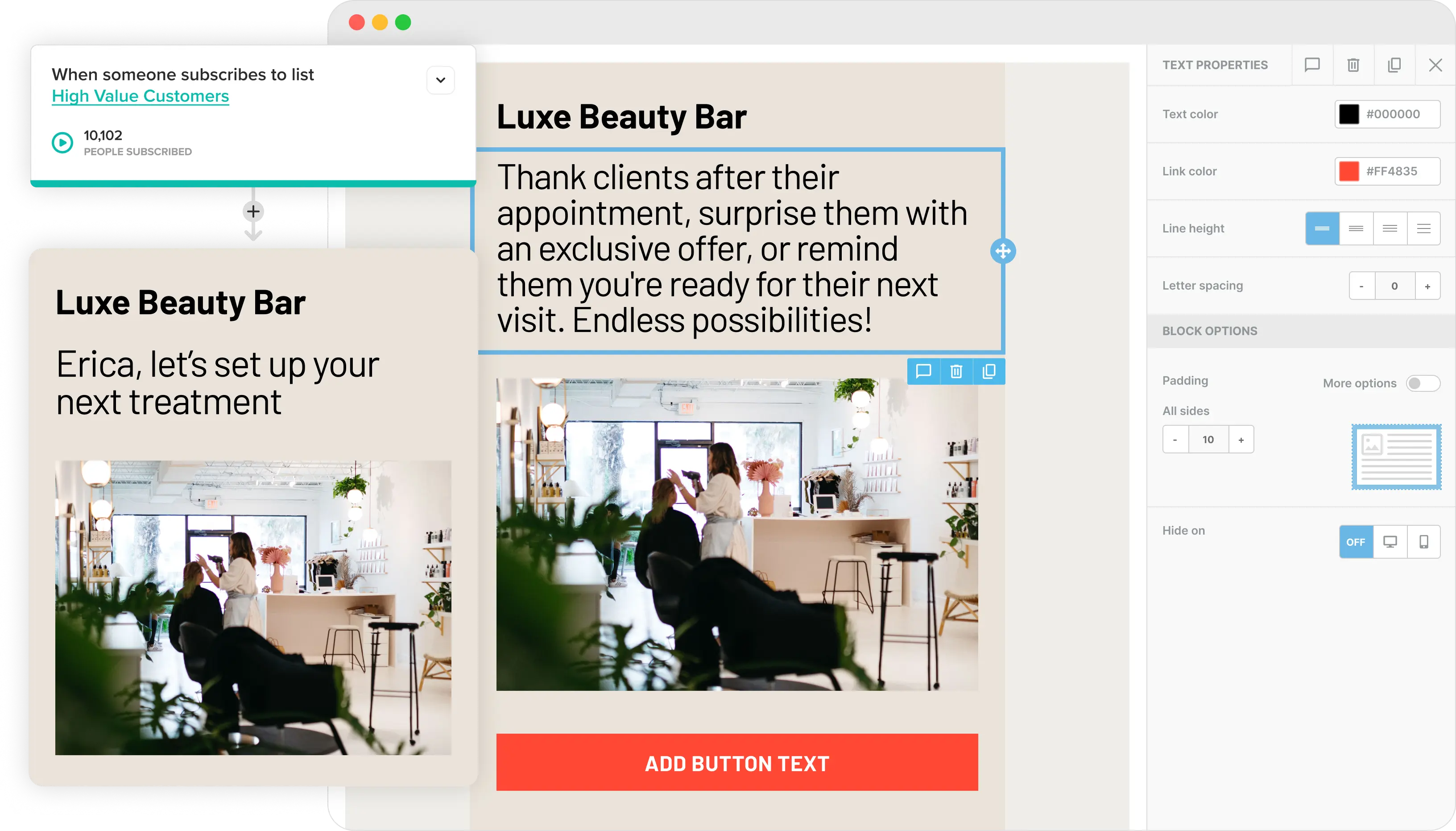 L’éditeur de courriels de Cakemail, avec un courriel pour les salons de beauté ouvert.