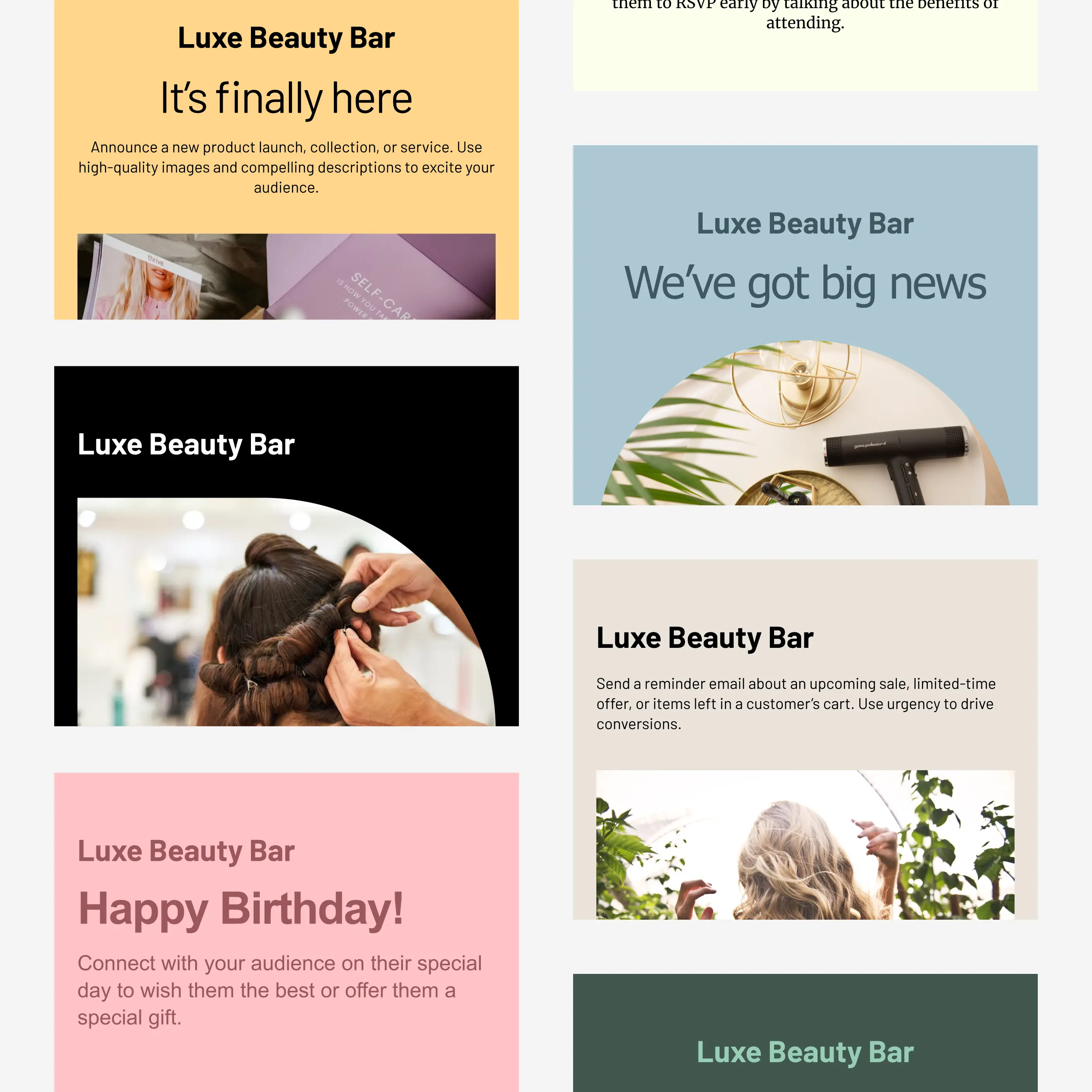 Une grille de gabarits de courriels Cakemail pour les salons de beauté.
